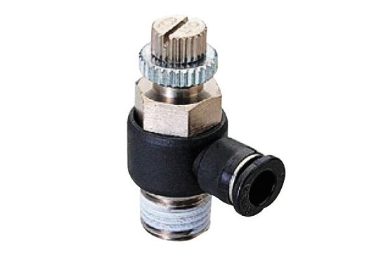 Flow control compact elbow, In, 5/32 hose, M5 thread